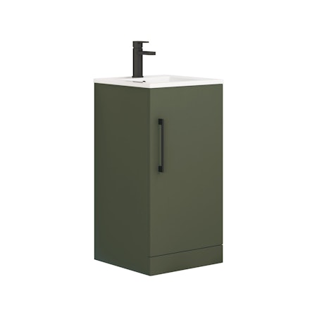 Modena 400mm Satin Green Floor Standing Vanity Unit with Black Handle - 1 Door Basin Cabinet