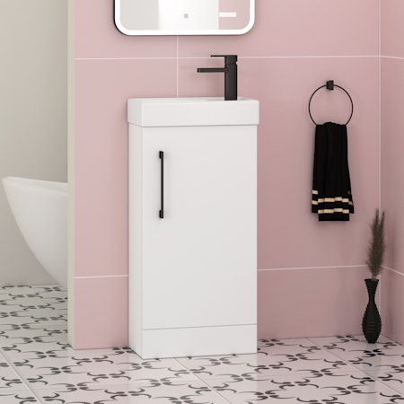 Modena 400mm Satin White Compact Floor Standing Vanity Unit with Black Handle - 1 Door Basin Cabinet