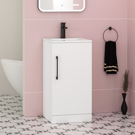 Modena 400mm Satin White Floor Standing Vanity Unit with Black Handle - 1 Door Basin Cabinet