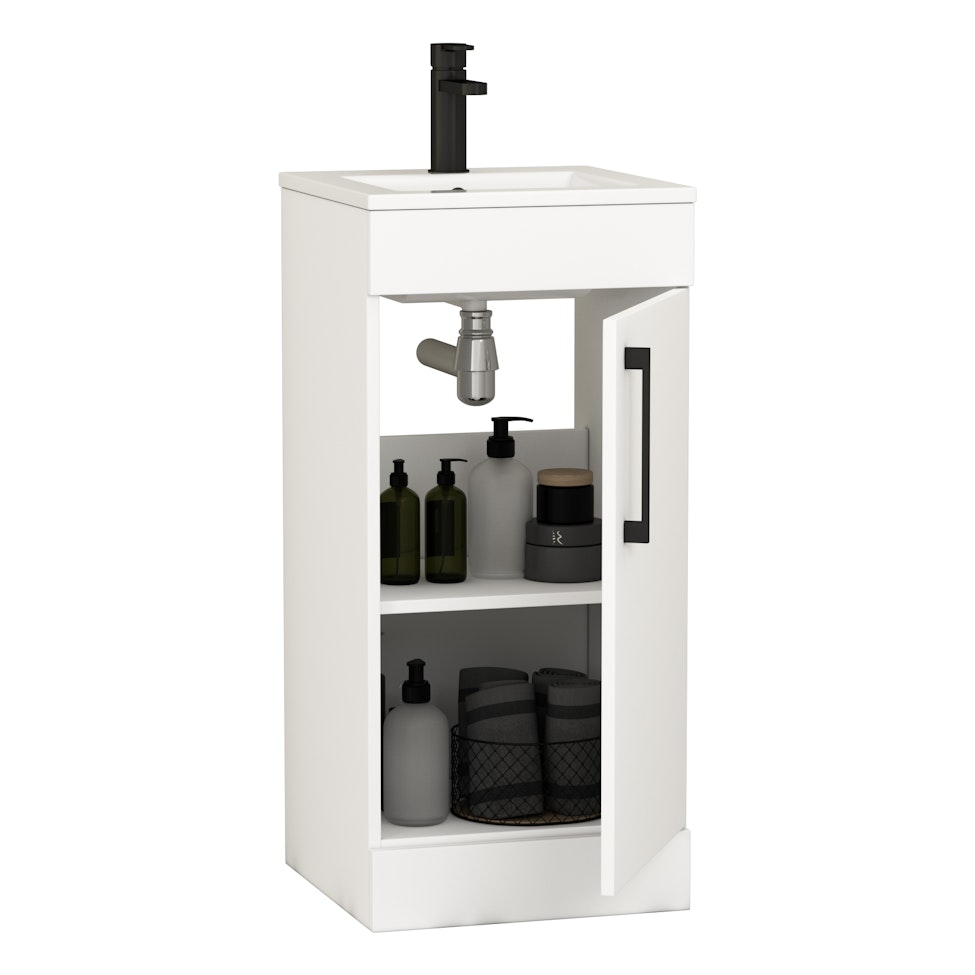 Modena 400mm Satin White Floor Standing Vanity Unit with Black Handle - 1 Door Basin Cabinet
