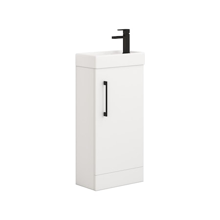 Modena 400mm Satin White Compact Floor Standing Vanity Unit with Black Handle - 1 Door Basin Cabinet