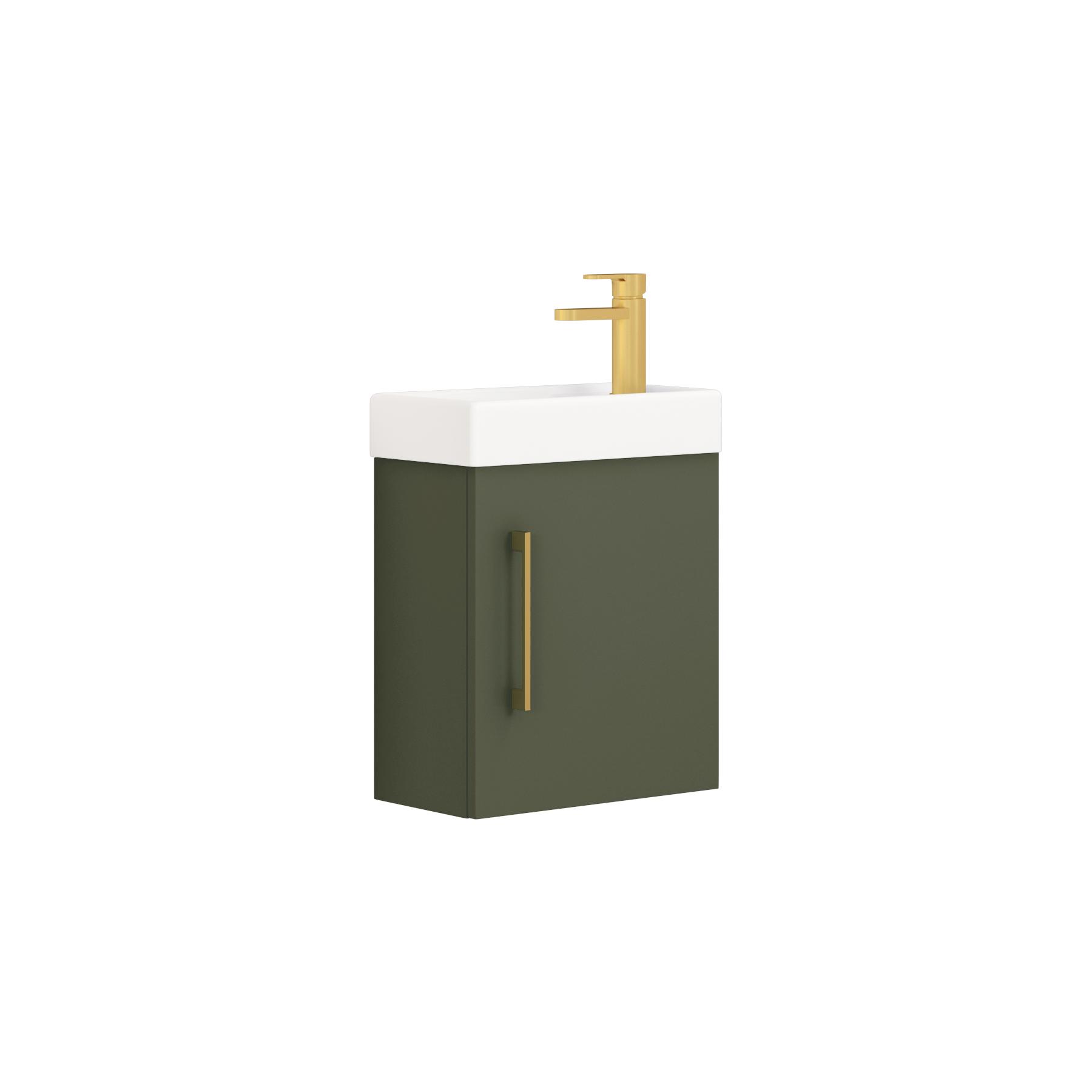 Modena 400mm Satin Green Cloakroom Compact Wall Hung Vanity Sink Unit with Brushed Brass Handle - 1 Door