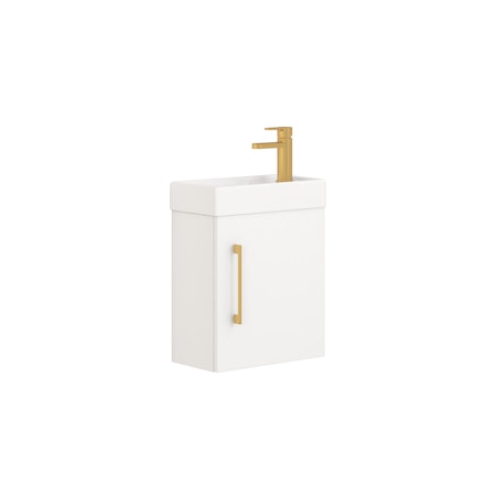 Modena 400mm Satin White Cloakroom Compact Wall Hung Vanity Sink Unit with Gold Handle - 1 Door