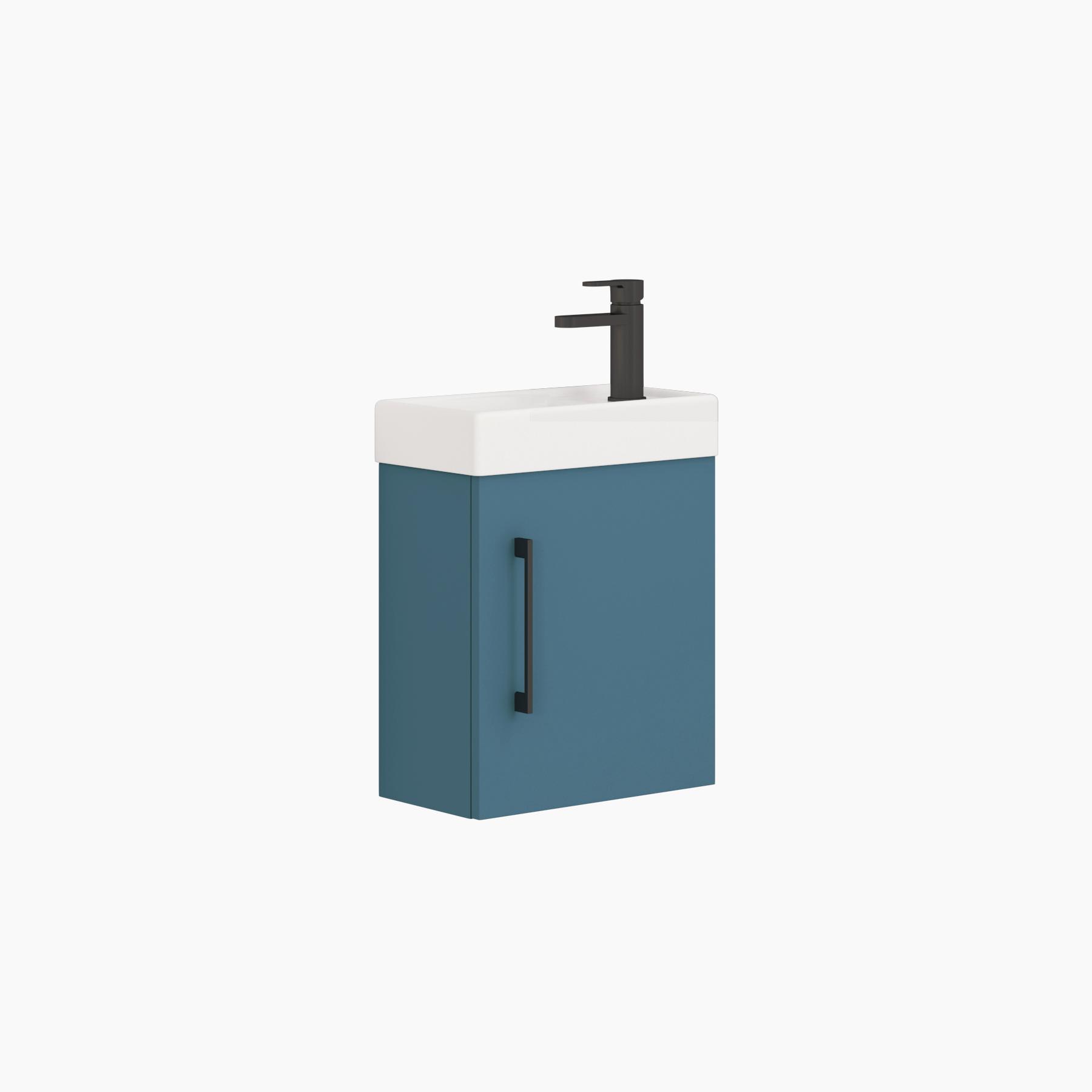 Modena 400mm Satin Blue Cloakroom Compact Wall Hung Vanity Sink Unit with Black Handle - 1 Door