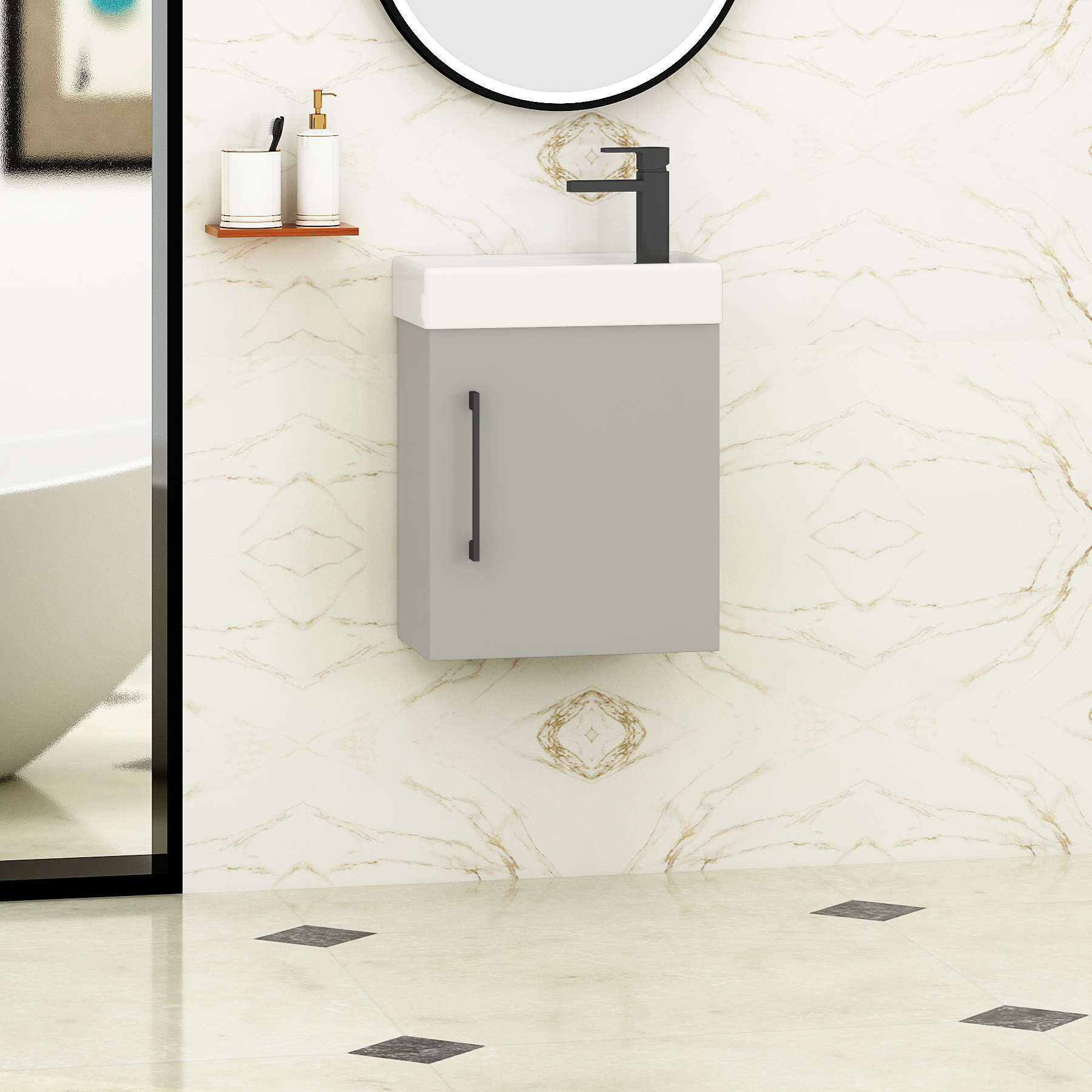 Modena 400mm Satin Grey Cloakroom Compact Wall Hung Vanity Sink Unit with Black Handle - 1 Door