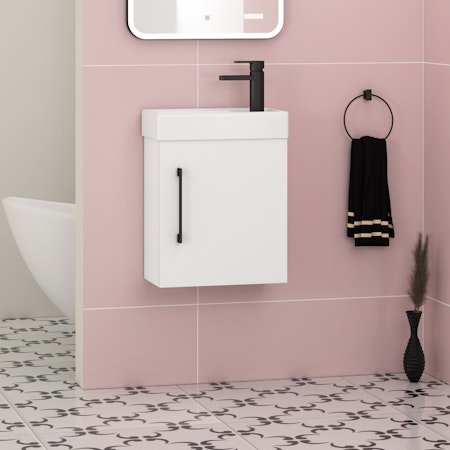 Modena 400mm Satin White Cloakroom Compact Wall Hung Vanity Sink Unit with Black Handle - 1 Door