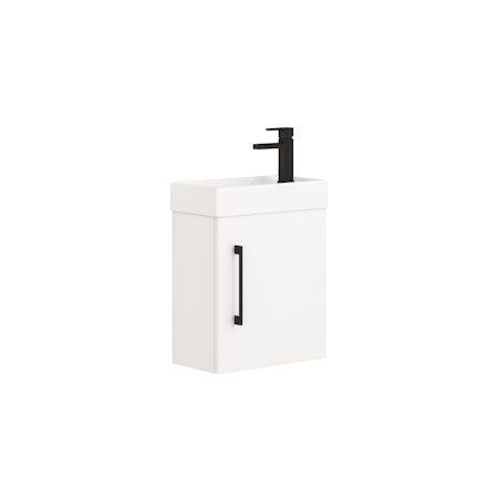 Modena 400mm Satin White Cloakroom Compact Wall Hung Vanity Sink Unit with Black Handle - 1 Door
