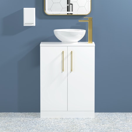 Modena 600mm Satin White Floor Standing Vanity Unit 2 Door with Countertop Basin