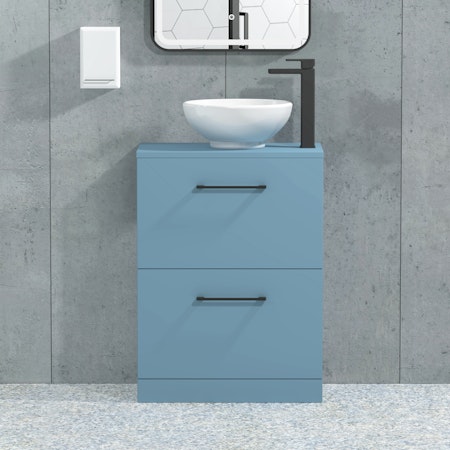 Modena 600mm Satin Blue Floor Standing Vanity Unit 2 Drawer with Countertop Basin