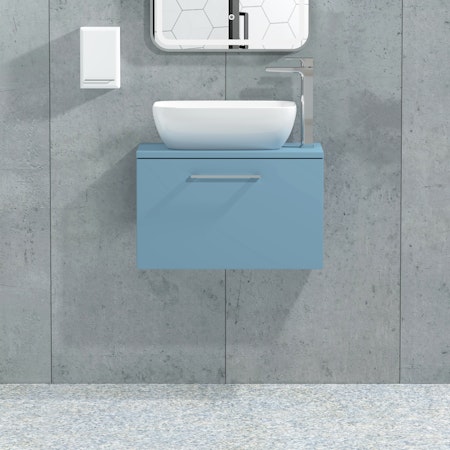 Modena 500mm Satin Blue Wall Hung Vanity Unit 1 Drawer with Countertop Basin