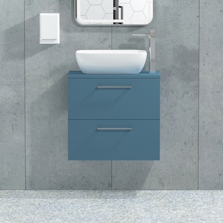 Modena 500mm Satin Blue Wall Hung Vanity Unit 2 Drawer with Countertop Basin