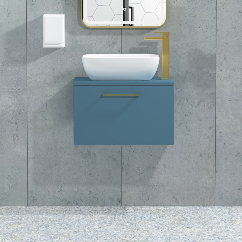 Modena 600mm Satin Blue Wall Hung Vanity Unit 1 Drawer With Countertop Basin Mdasb 1dwr 600