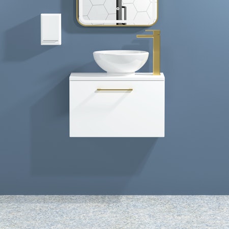 Modena 600mm Satin White Wall Hung Vanity Unit 1 Drawer with Countertop Basin