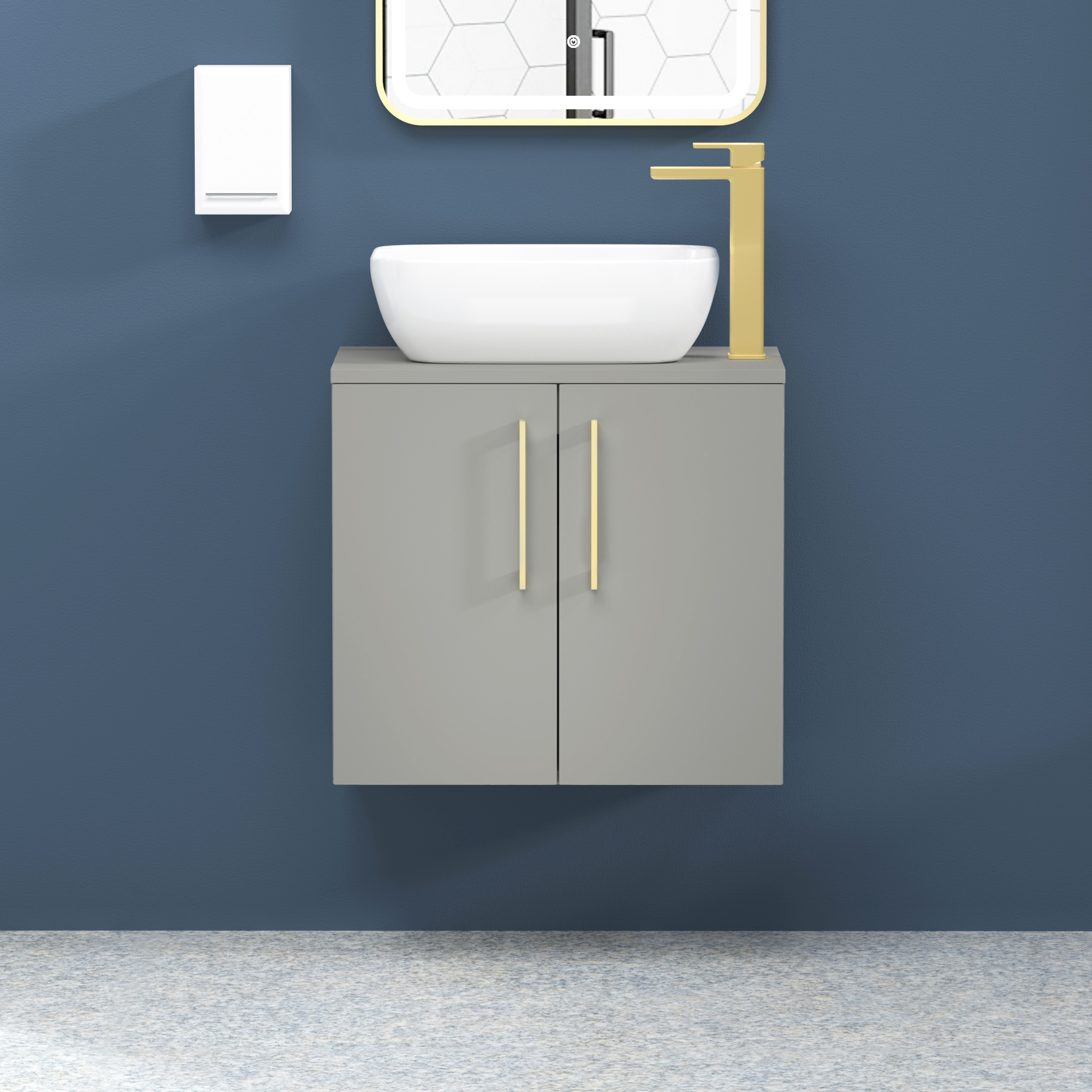 Modena 800mm Satin Grey Wall Hung Vanity Unit 2 Door with Brushed Brass Handle & Countertop Basin - Elva