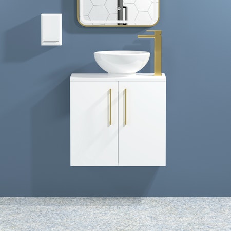 Modena 600mm Satin White Wall Hung Vanity Unit 2 Door with Countertop Basin