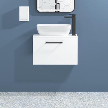 Modena 800mm Satin White Wall Hung Vanity Unit 1 Drawer with Countertop Basin