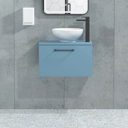 Modena 600mm Satin Blue Wall Hung Vanity Unit 1 Drawer with Countertop Basin