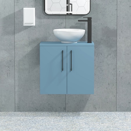 Modena 600mm Satin Blue Wall Hung Vanity Unit 2 Door with Countertop Basin