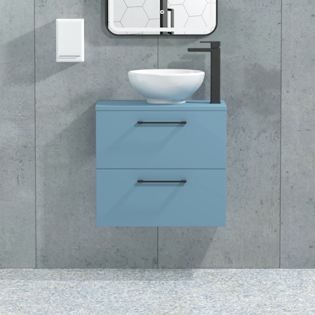 Modena 600mm Satin Blue Wall Hung Vanity Unit 2 Drawer with Countertop Basin