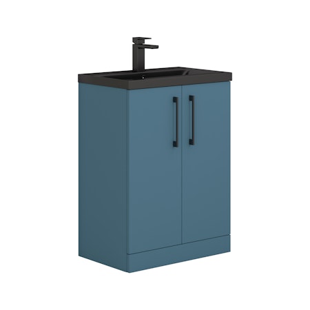 Modena Satin Blue 2 Door Floor Standing Vanity Unit with Black Mid-Edge Basin - Multiple Sizes
