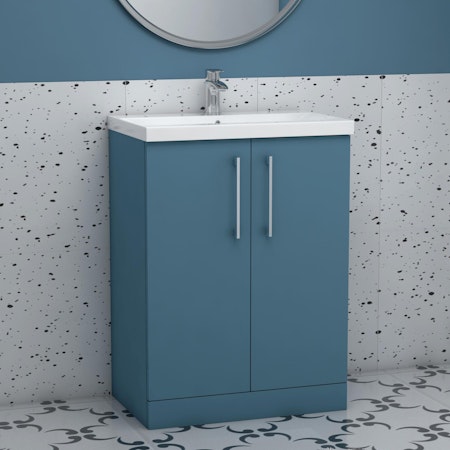 Modena 600mm Satin Blue Floor Standing Vanity Unit 2 Door Cabinet with Mid-Edge Basin