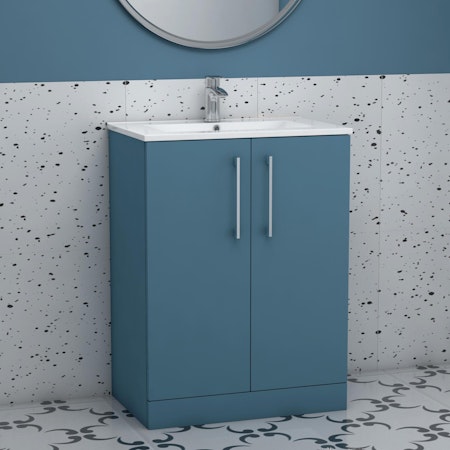 Modena Satin Blue 2 Door Floor Standing Vanity Unit with Minimalist Basin & Multiple Size & Handles