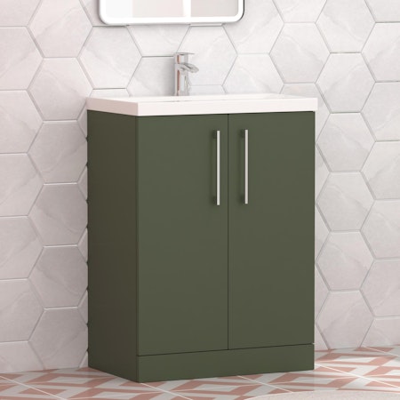 Modena Satin Green 2 Door Floor Standing Vanity Unit with Mid-Edge Basin & Multiple Size & Handles