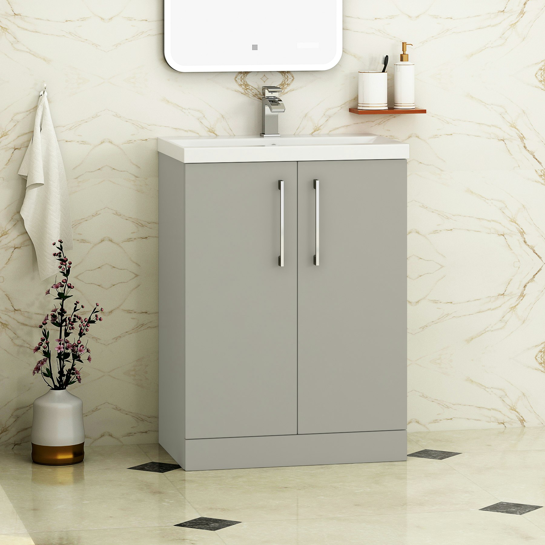 Modena 600mm Satin Grey Floor Standing Vanity Unit 2 Door Cabinet with Mid-Edge Basin