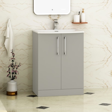 Modena Satin Grey 2 Door Floor Standing Vanity Unit with Curved Basin & Multiple Size & Handles