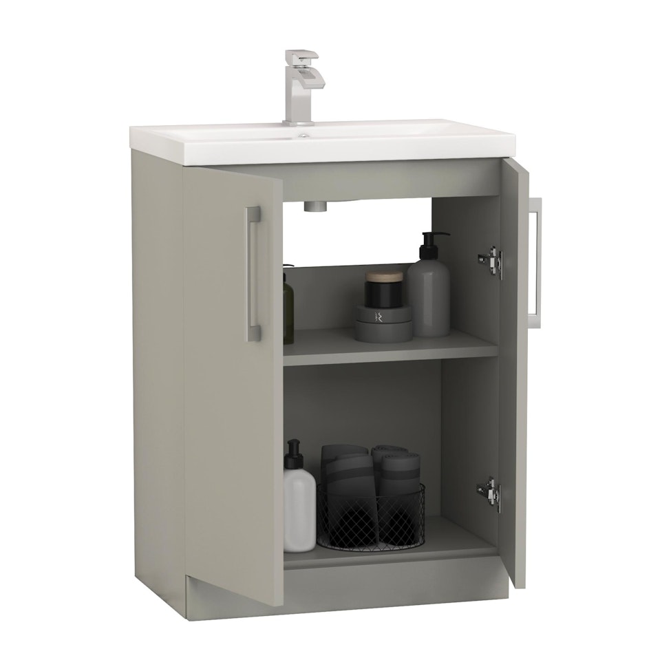 Modena 500mm Satin Grey Floor Standing Vanity Unit 2 Door Cabinet with Mid-Edge Basin