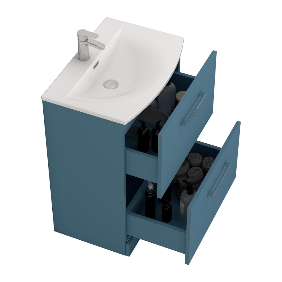 Modena Satin Blue 2 Drawer Floor Standing Vanity Unit with Curved Basin & Multiple Size & Handles