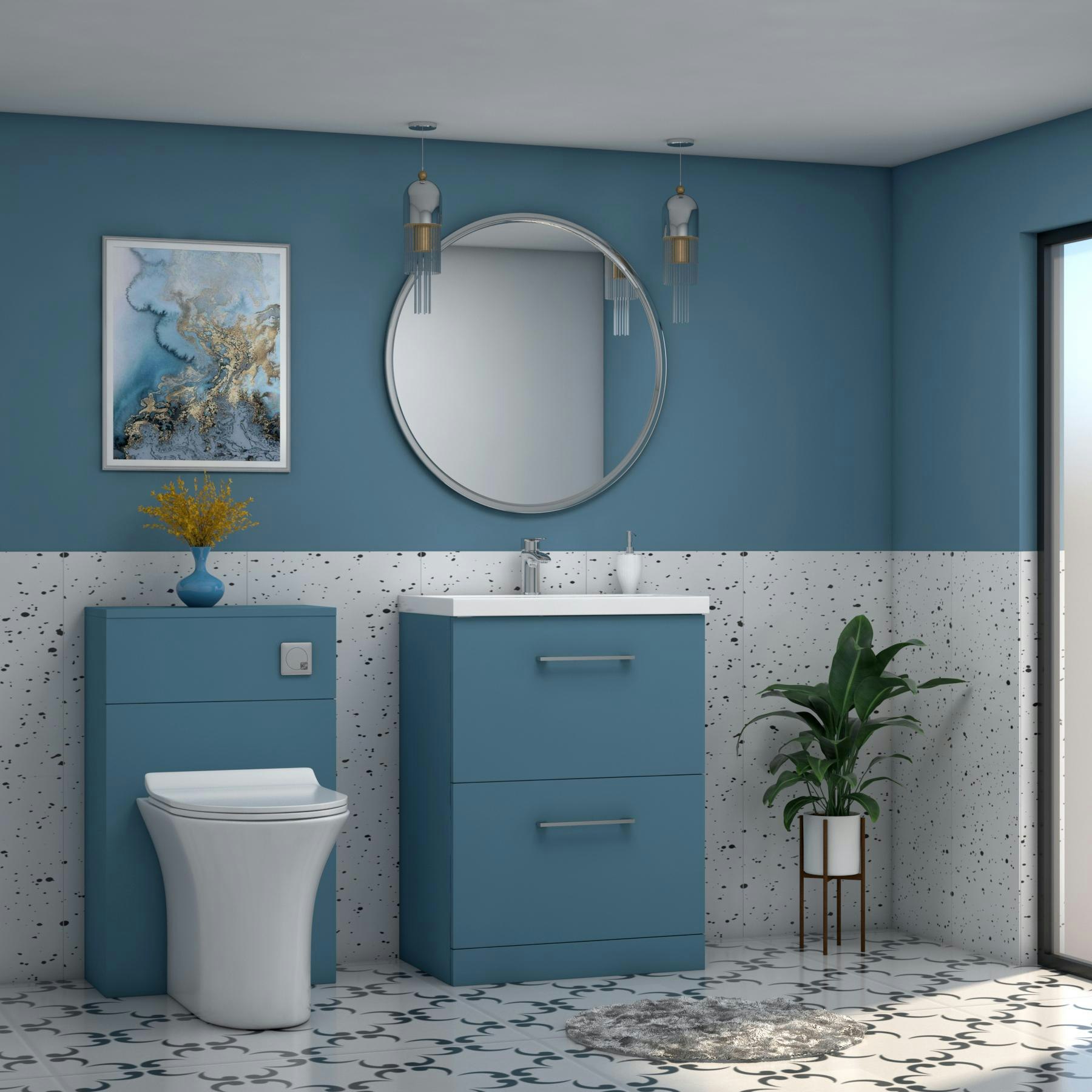 Modena Satin Blue 2 Drawer Floor Standing Vanity Unit with Minimalist Basin & Multiple Size & Handles