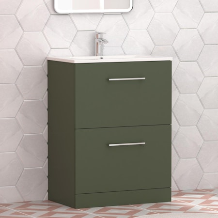 Modena 800mm Satin Green Floor Standing Vanity Unit 2 Drawer Cabinet with Minimalist Basin