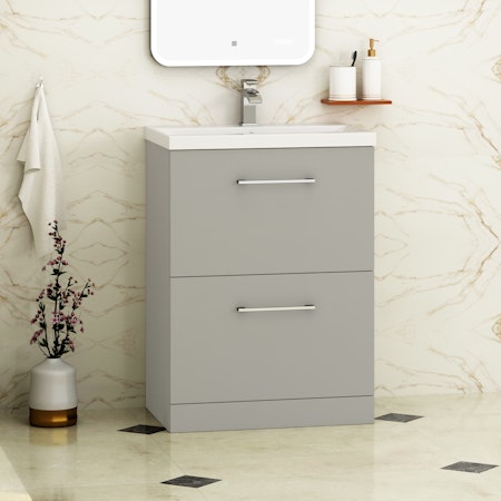 Modena 800mm Satin Grey Floor Standing Vanity Unit 2 Drawer Cabinet with Mid-Edge Basin