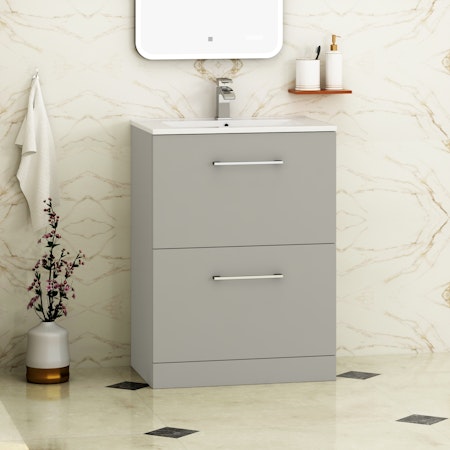 Modena 800mm Satin Grey Floor Standing Vanity Unit 2 Drawer Cabinet with Minimalist Basin