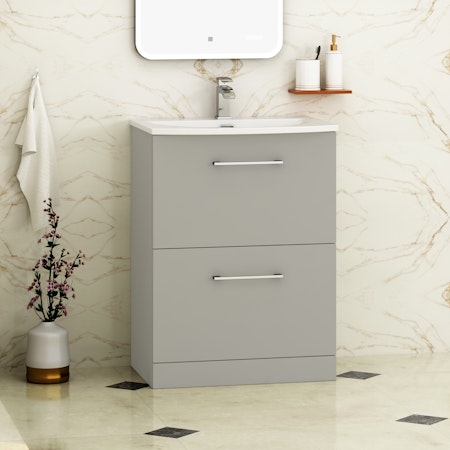 Modena Satin Grey 2 Drawer Floor Standing Vanity Unit with Curved Basin & Multiple Size & Handles