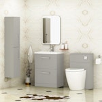 Modena Satin Grey 2 Drawer Floor Standing Vanity Unit with Mid-Edge Basin & Multiple Size & Handles