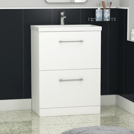 Modena 800mm Satin White Floor Standing Vanity Unit 2 Drawer Cabinet with Mid-Edge Basin