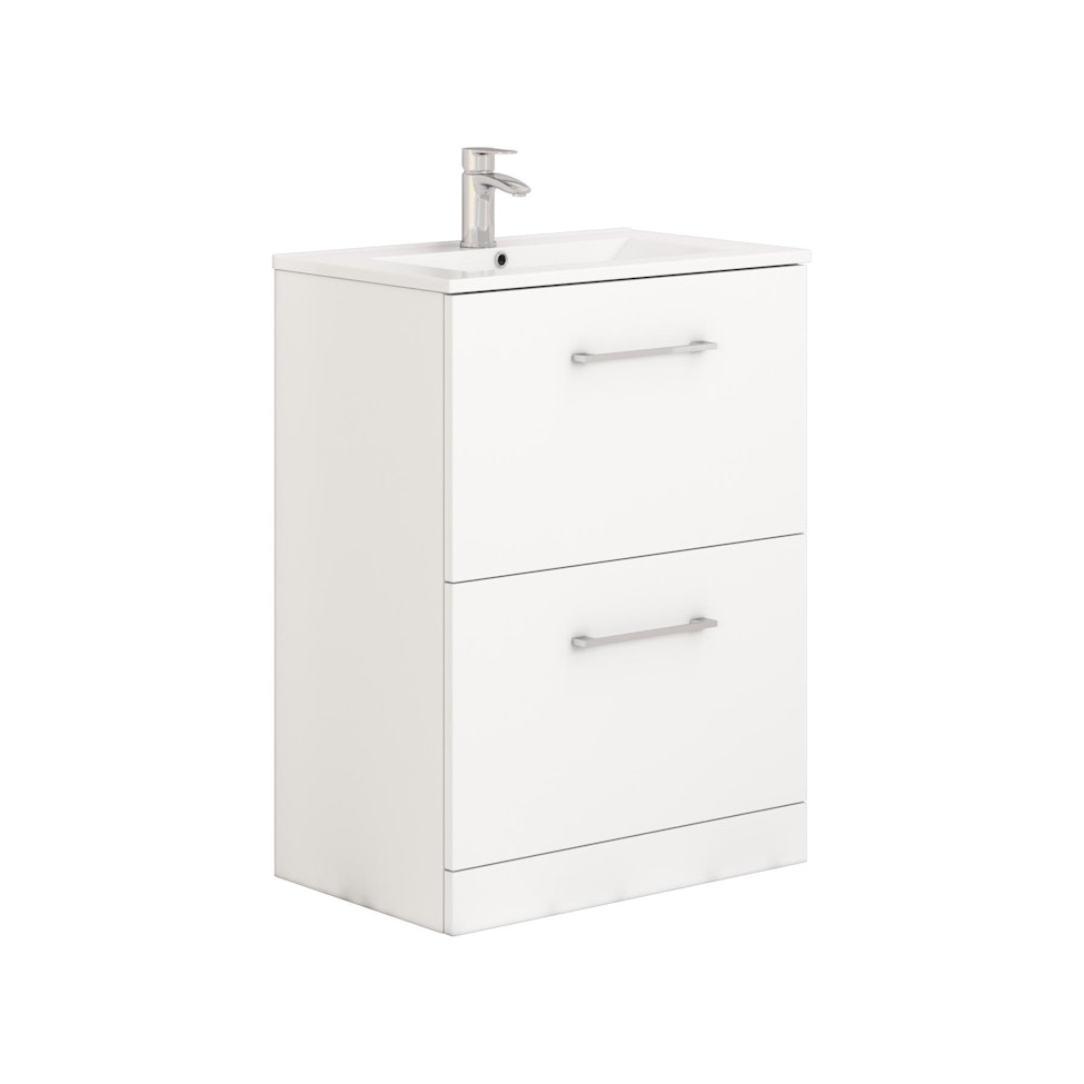 Modena 800mm Satin White Floor Standing Vanity Unit 2 Drawer Cabinet with Minimalist Basin