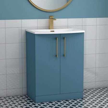 Modena Satin Blue 2 Door Floor Standing Vanity Unit with Curved Basin & Multiple Size & Handles