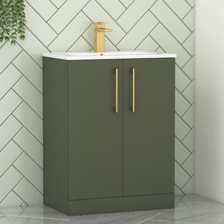 Modena Satin Green 2 Door Floor Standing Vanity Unit with Minimalist Basin & Multiple Size & Handles