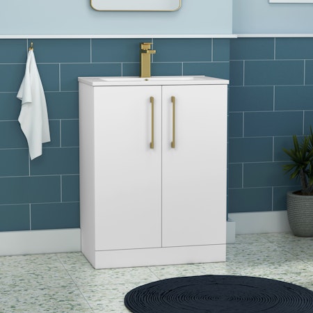 Modena Satin White 2 Door Floor Standing Vanity Unit with Minimalist Basin & Multiple Size & Handles