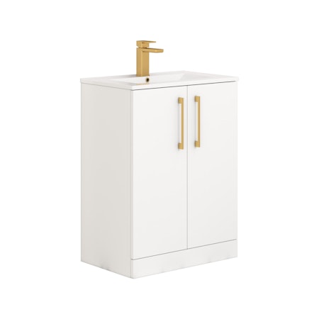 Modena Satin White 2 Door Floor Standing Vanity Unit with Minimalist Basin & Multiple Size & Handles