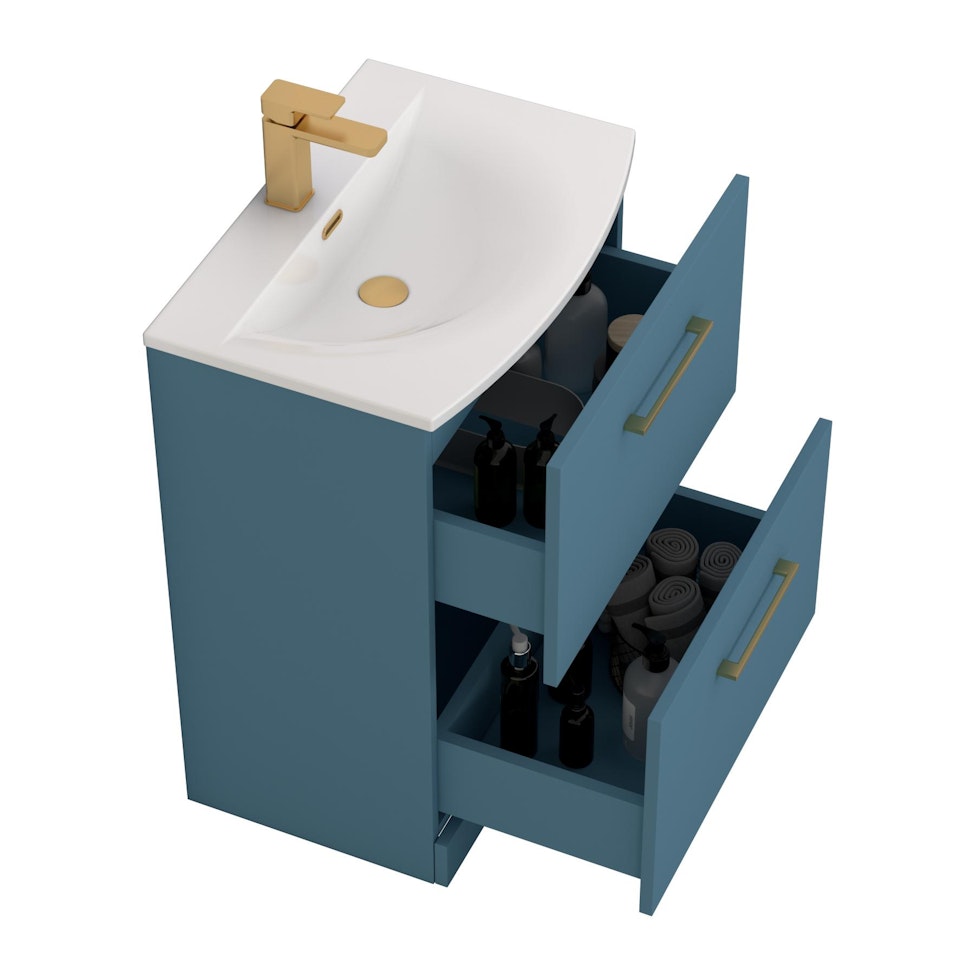 Modena Satin Blue 2 Drawer Floor Standing Vanity Unit with Curved Basin & Multiple Size & Handles