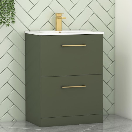 Modena Satin Green 2 Drawer Floor Standing Vanity Unit with Minimalist Basin & Multiple Size & Handles