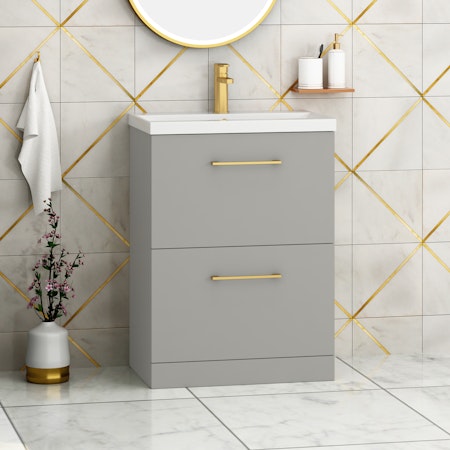 Modena 800mm Satin Grey Floor Standing Vanity Unit 2 Drawer Mid-Edge Basin With Brushed Brass Handle