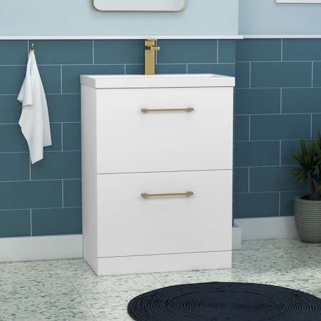 Modena 800mm Satin White Floor Standing Vanity Unit 2 Drawer Mid-Edge Basin With Brushed Brass Handle