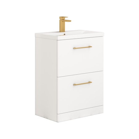 Modena Satin White 2 Drawer Floor Standing Vanity Unit with Mid-Edge Basin & Multiple Size & Handles