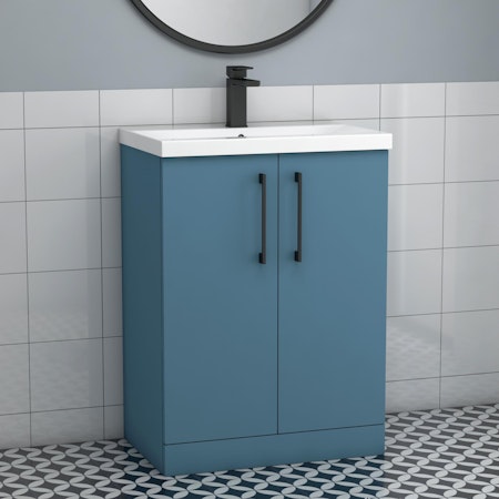 Modena Satin Blue 2 Door Floor Standing Vanity Unit with Mid-Edge Basin & Multiple Size & Handles