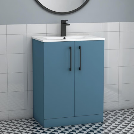 Modena 500mm Satin Blue Floor Standing Vanity Unit 2 Door Minimalist Basin With Black Handle